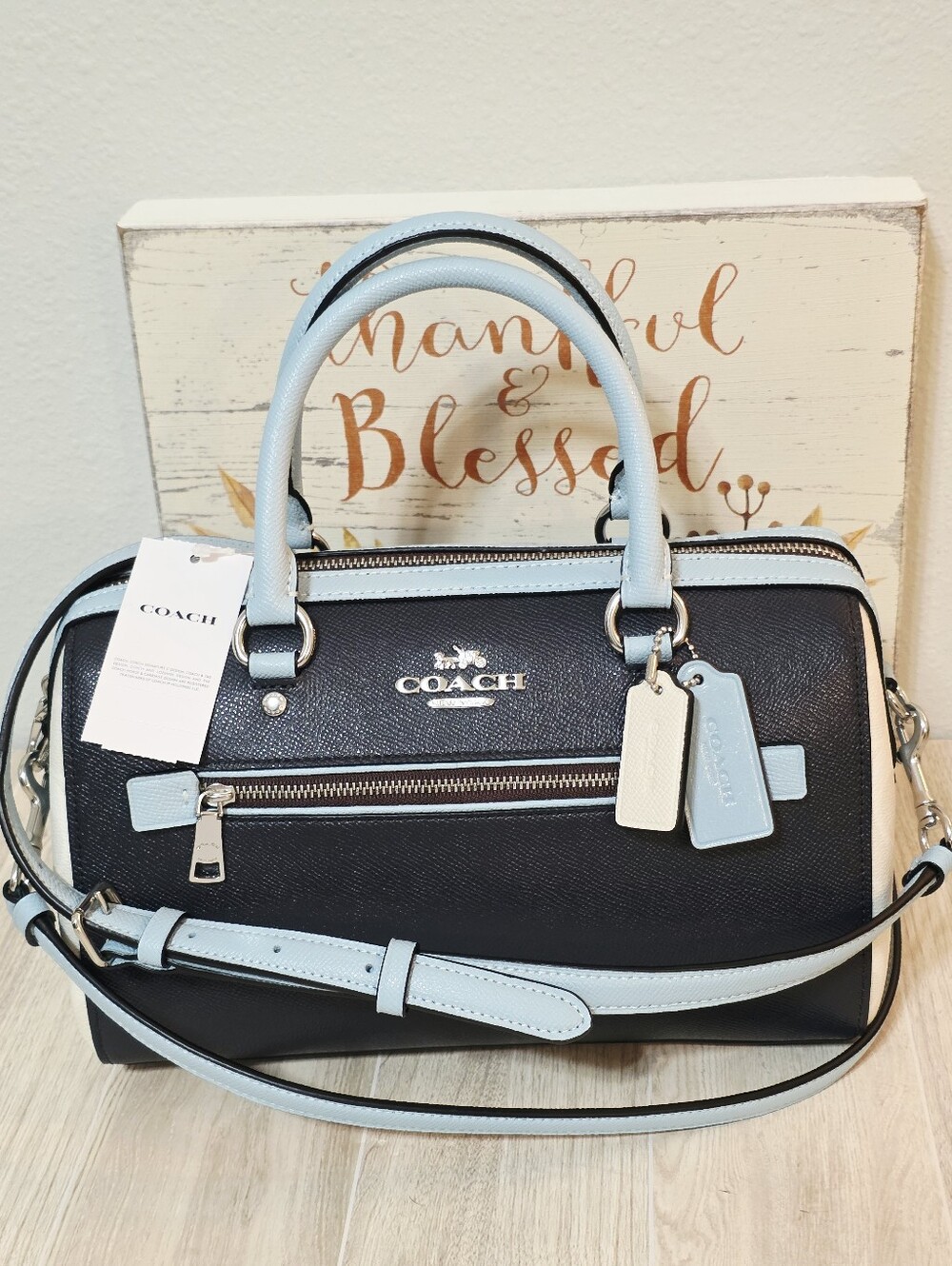Coach RARE Rowan Colorblock Satchel Crossbody Purse Midnight Blue Chalk Bag - Picture 6 of 16